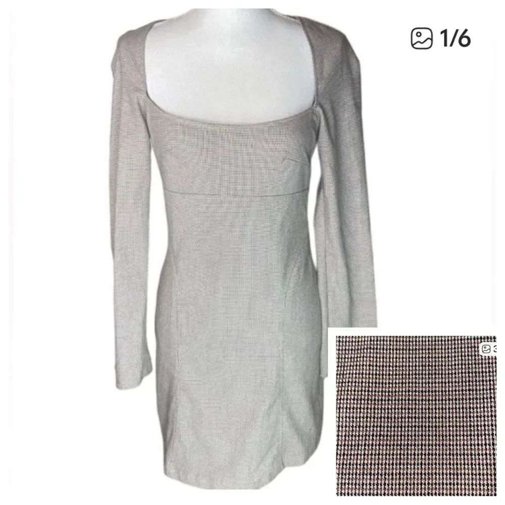 Zara Women's Sz Med Grey Plaid Square Neckline Long Sleeve Fitted Midi Dress